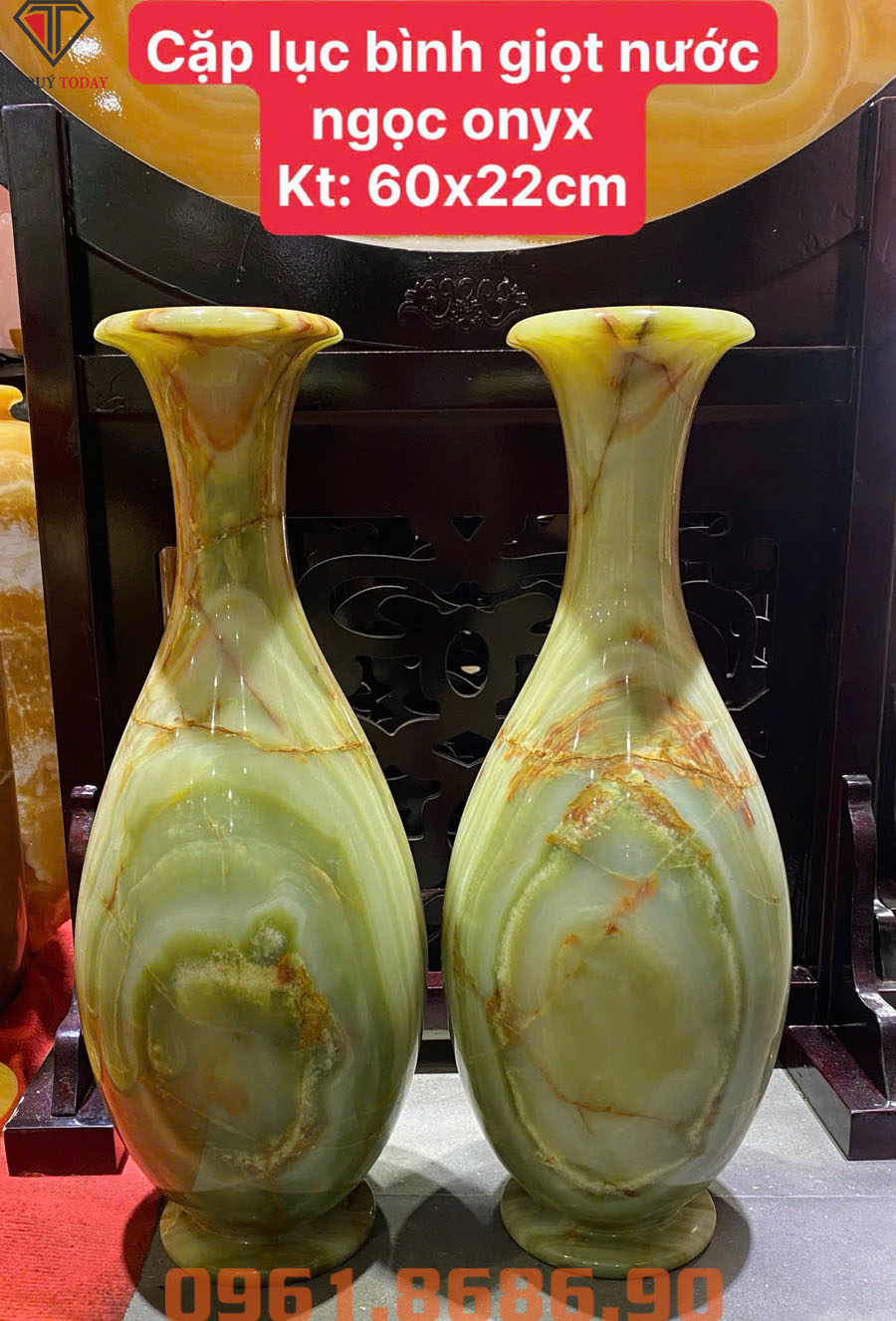 Lục bình phong thủy giọt nước bằng ngọc onyx xanh 60x22cm